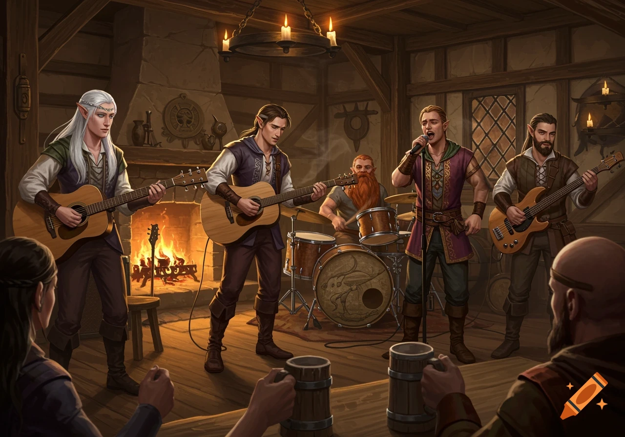 A fantasy band, including elves and a dwarf, plays music in a dimly lit, cozy medieval tavern to a small audience.