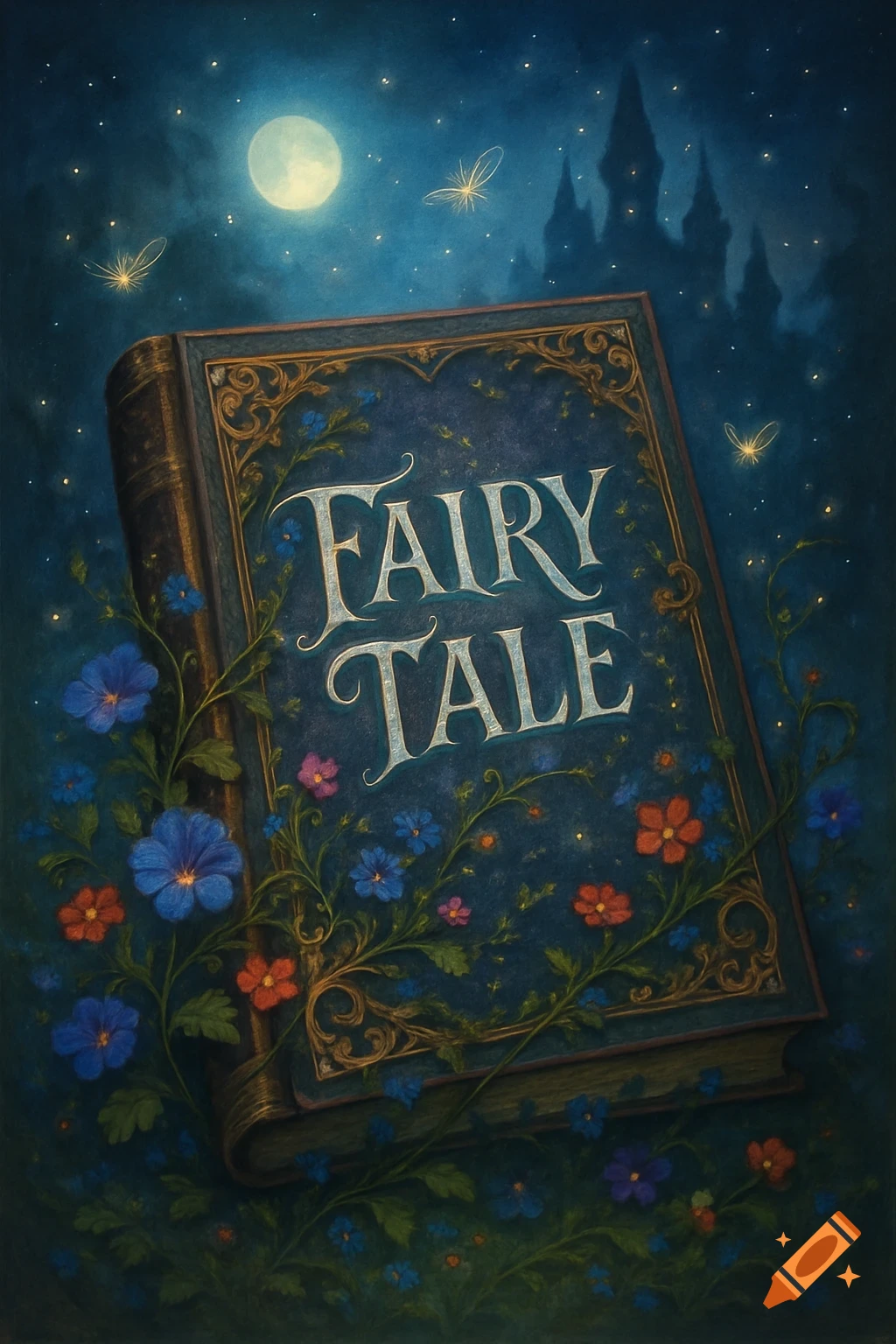 A magical book titled "FAIRY TALE" with an ornate cover, surrounded by colorful flowers and vines, under a moonlit sky with a castle silhouette.