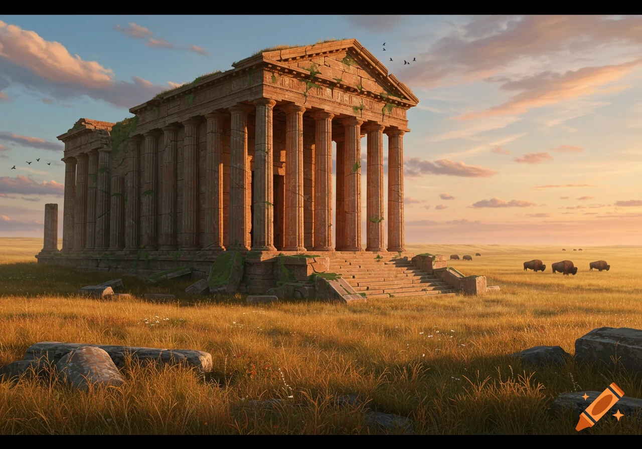 An ancient, ruined stone temple with columns stands in a golden grassy plain at sunset, with bison grazing nearby under a partly cloudy sky.