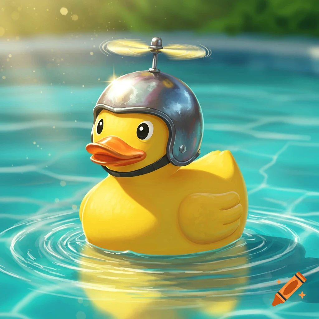 Animated rubber duck wearing a metallic helmet with a spinning propeller, floating in clear blue water with ripples.