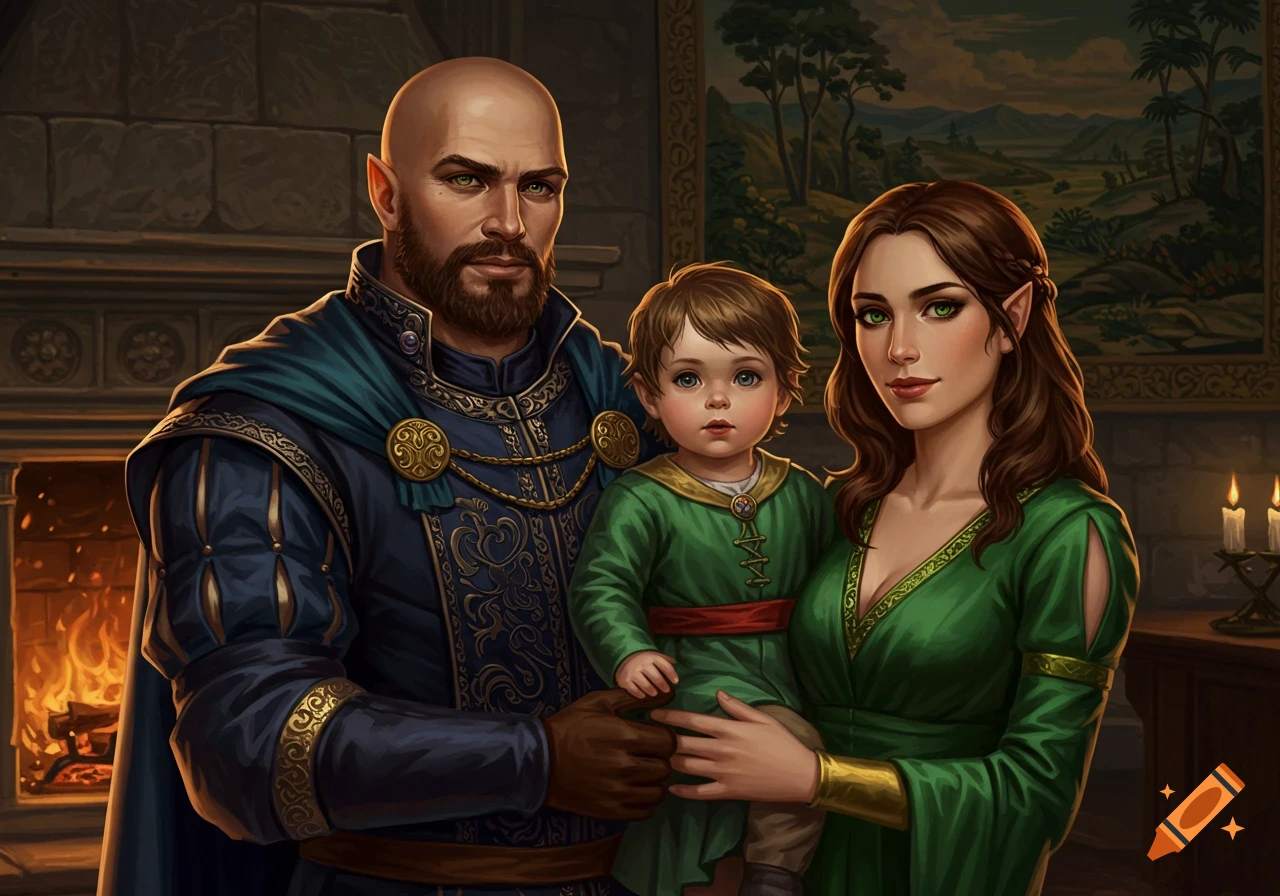 Fantasy family portrait of an elven man, woman, and child in elaborate medieval clothing in a room with a fireplace.