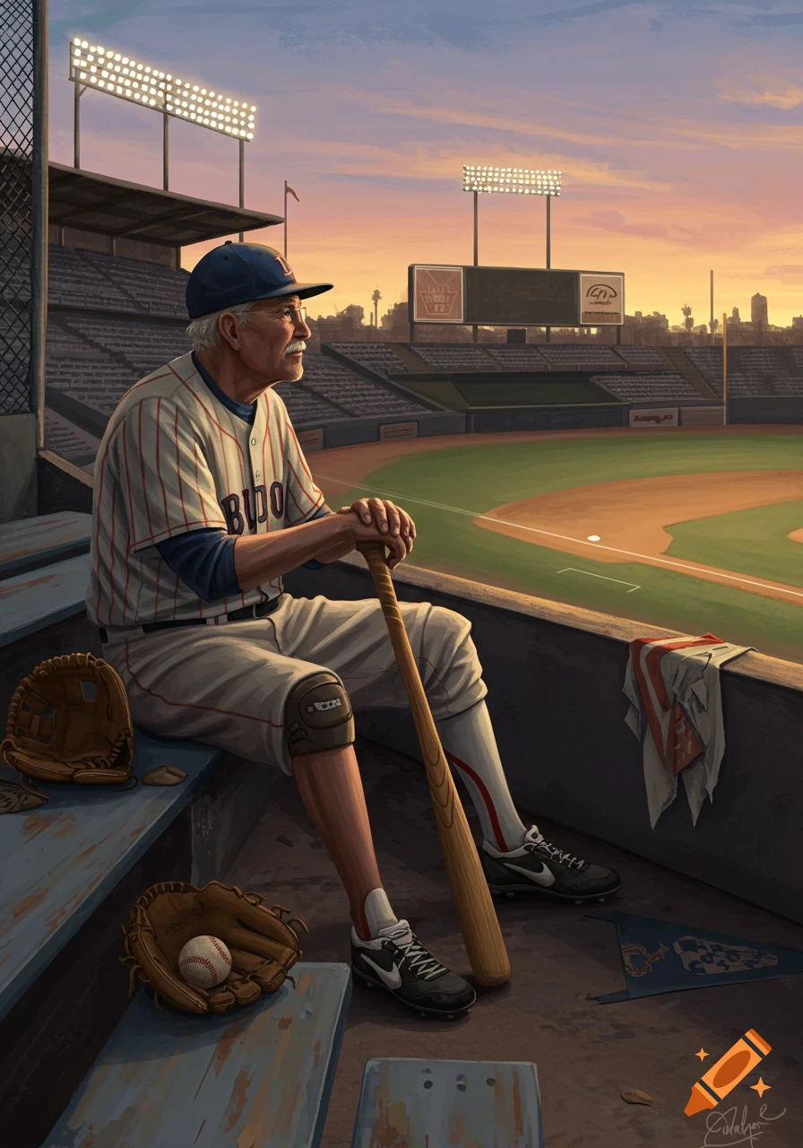 An elderly baseball player sits on a dugout bench at sunset, looking out at an empty baseball field with stadium lights on.