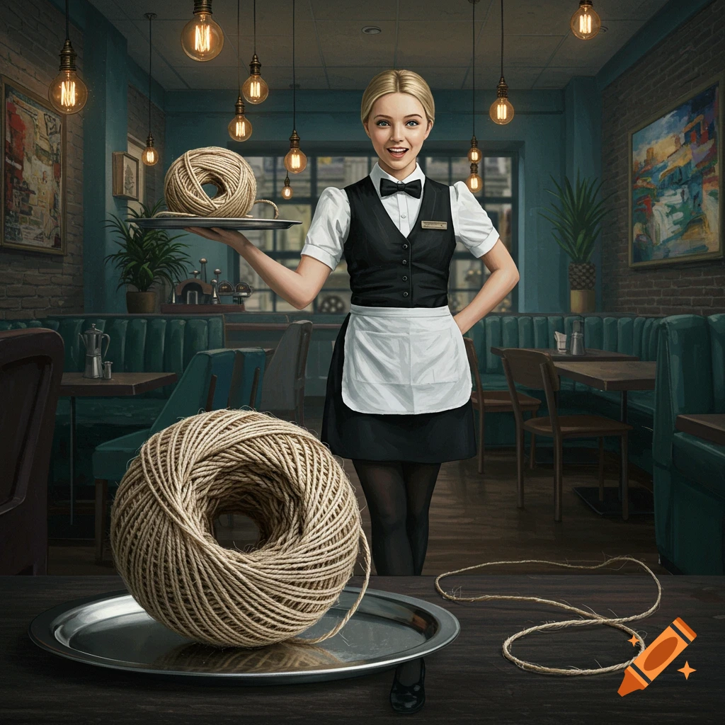 A smiling blonde waitress in a black and white uniform holds a tray with a ball of twine in a dimly lit restaurant, with another large ball of twine on a table in the foreground.