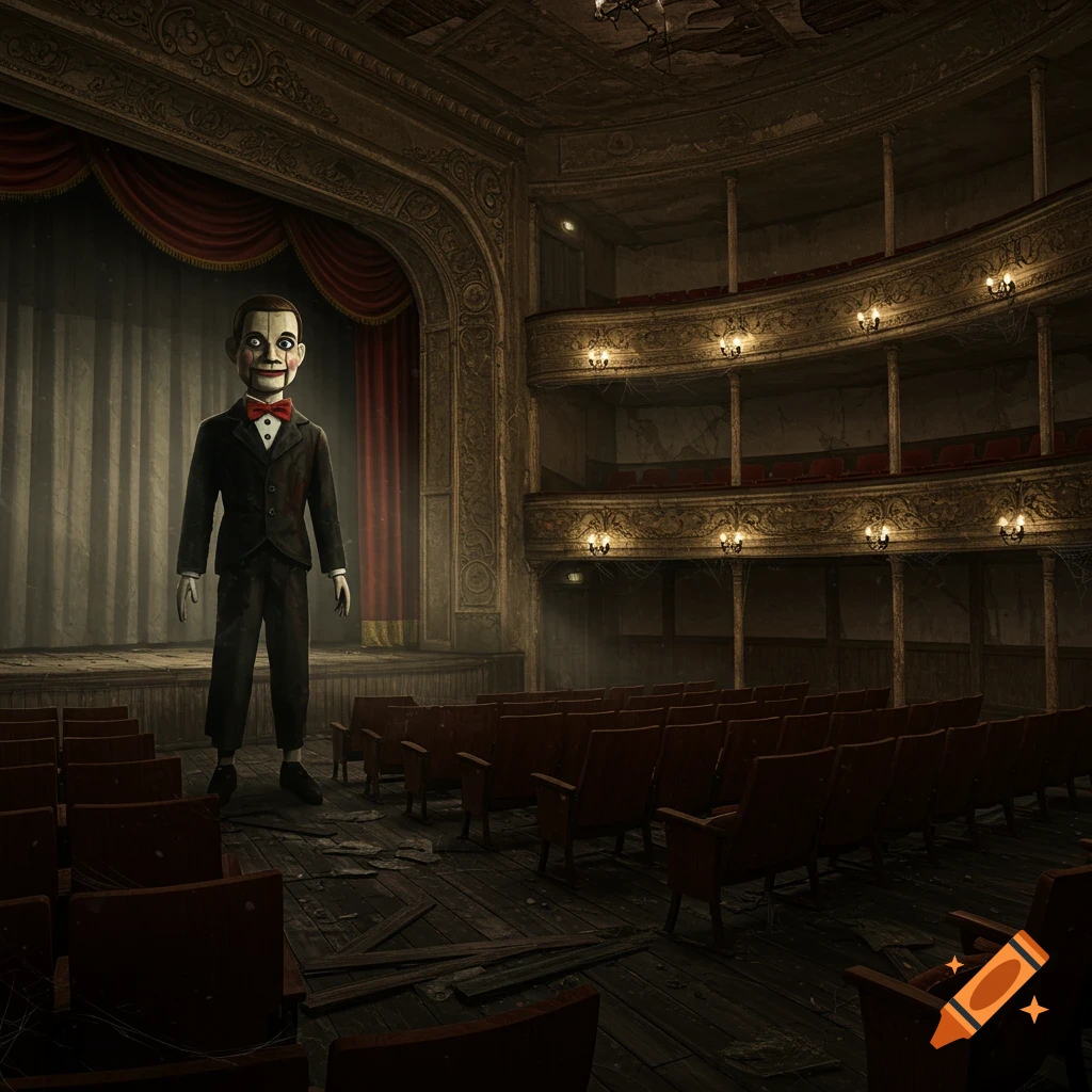 A creepy ventriloquist dummy in a suit stands on a stage in a decaying, abandoned theater.