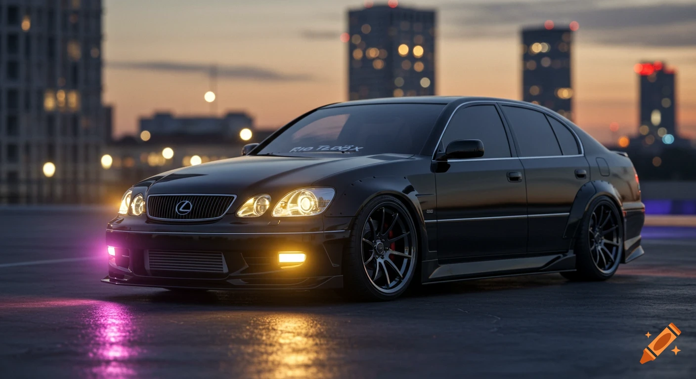 Photorealistic image of a black Lexus sedan with custom wheels and a body kit parked on an asphalt roof at dusk with city lights.
