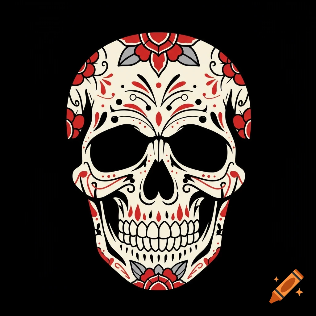 A stylized sugar skull with red and gray floral patterns on a black background.