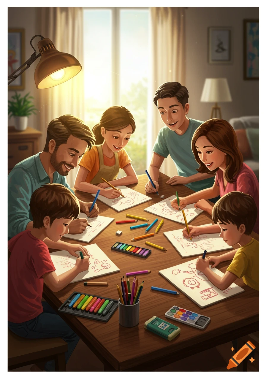 A diverse family, including parents and children, sits around a wooden table, drawing and coloring together.