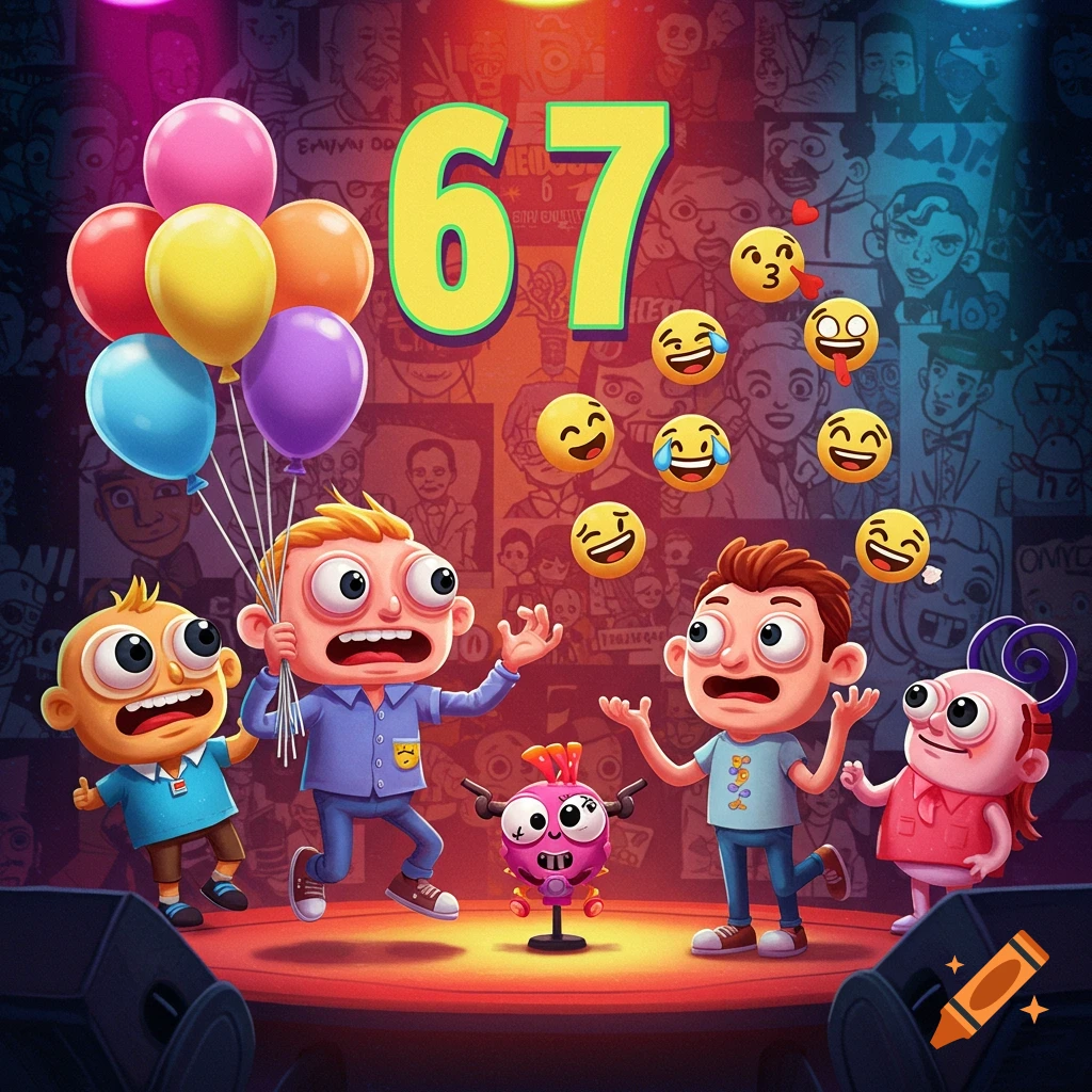 Cartoon characters celebrating on a stage with balloons and emojis, featuring a large '67' in the background.