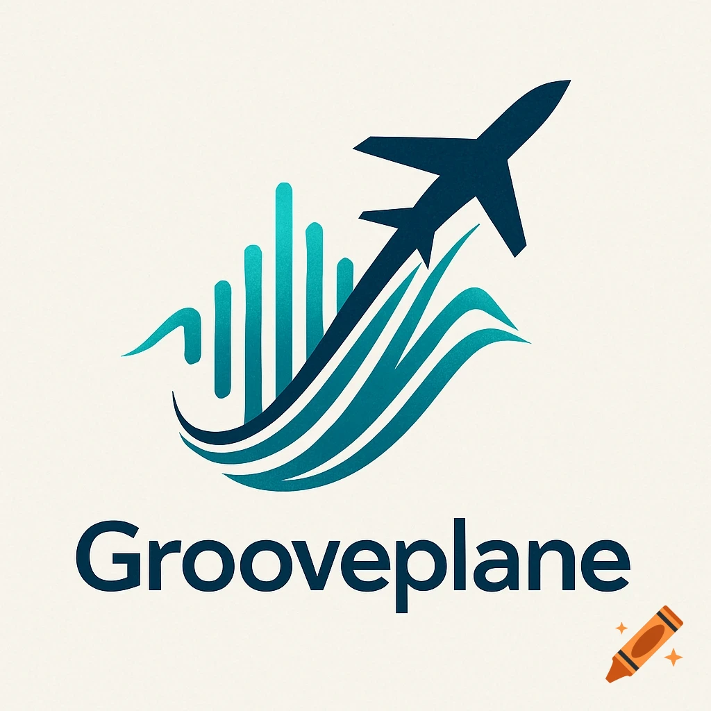 A logo featuring a dark blue airplane ascending above teal wave-like shapes and vertical bars, with 'Grooveplane' written below.