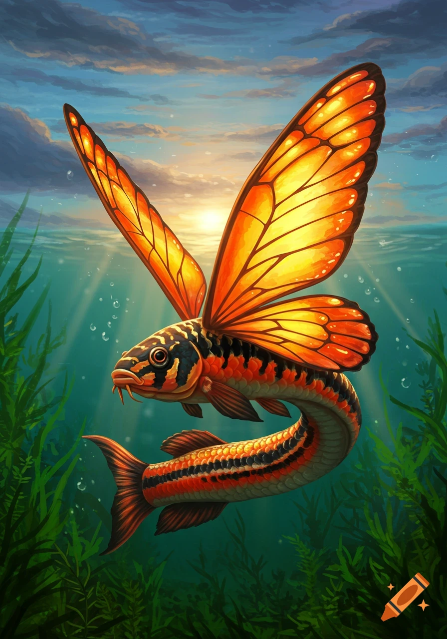 A vibrant orange and black fish with large, glowing butterfly wings swims in clear blue water with green plants and sunlight.