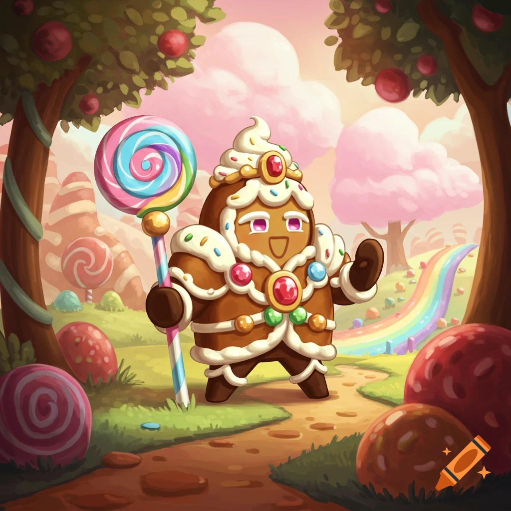 A cute gingerbread character in armor holds a giant swirl lollipop in a colorful candy land.