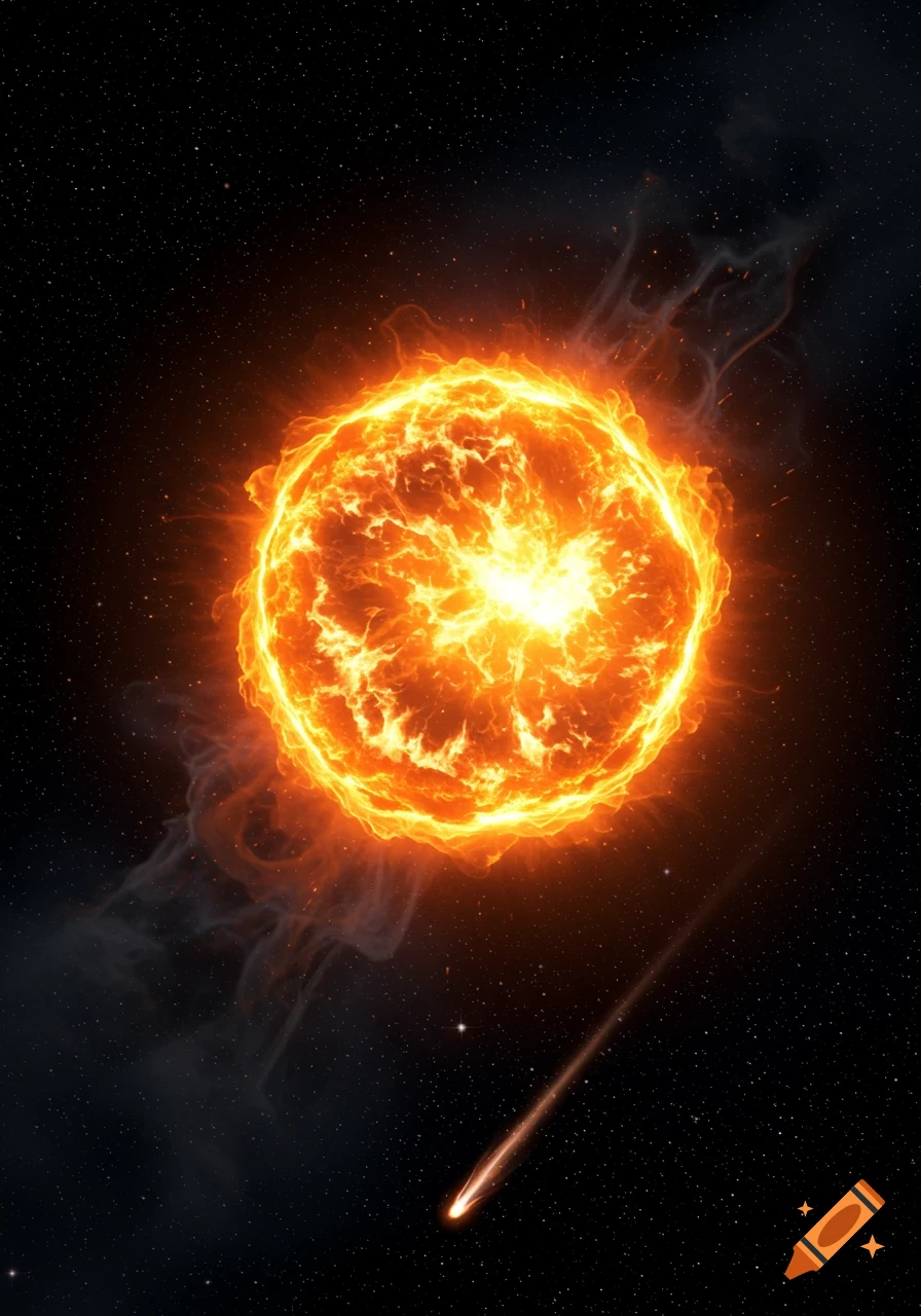 A fiery orange and yellow star shines brightly in the dark expanse of space, with a comet streaking past a field of small stars.