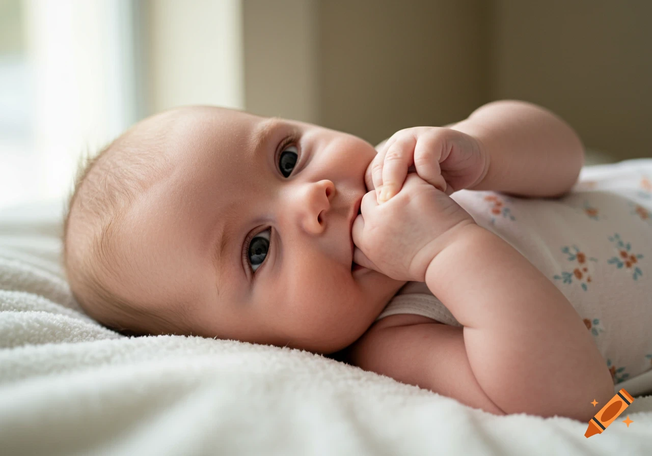 A photorealistic close-up of a baby lying on a white blanket, with fingers in its mouth.