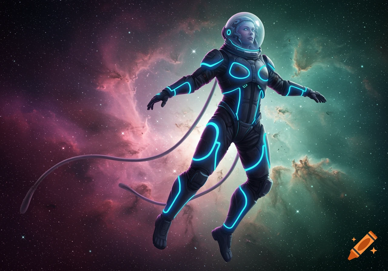 A female astronaut in a black suit with glowing blue accents floats in space against a colorful nebula background.