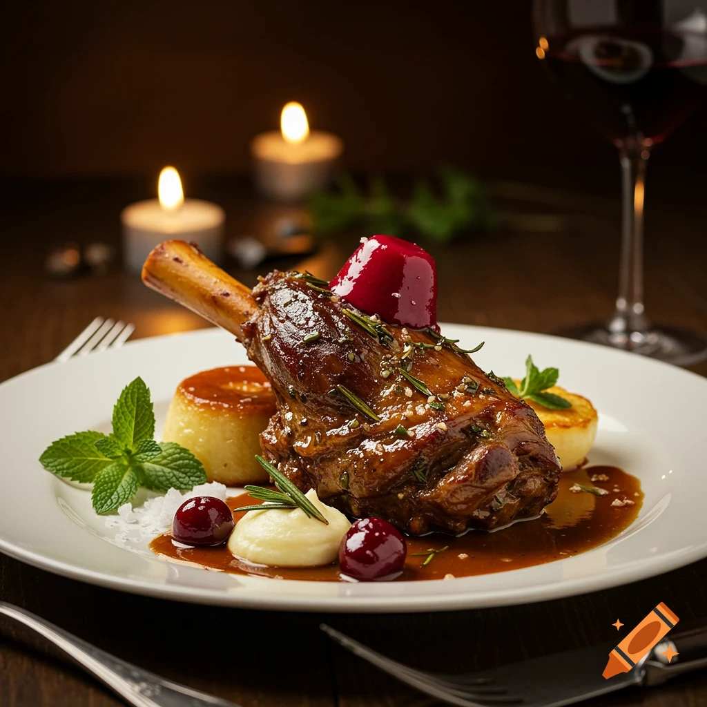 Photorealistic lamb shank dinner with sauce, cherries, mint, and pudding on a white plate in a candlelit setting.