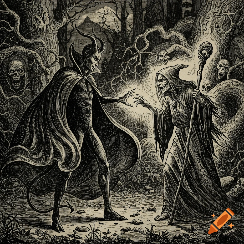 A vintage black and white engraving of Mephistopheles and a witch in a dark, gnarled forest with glowing light between them.