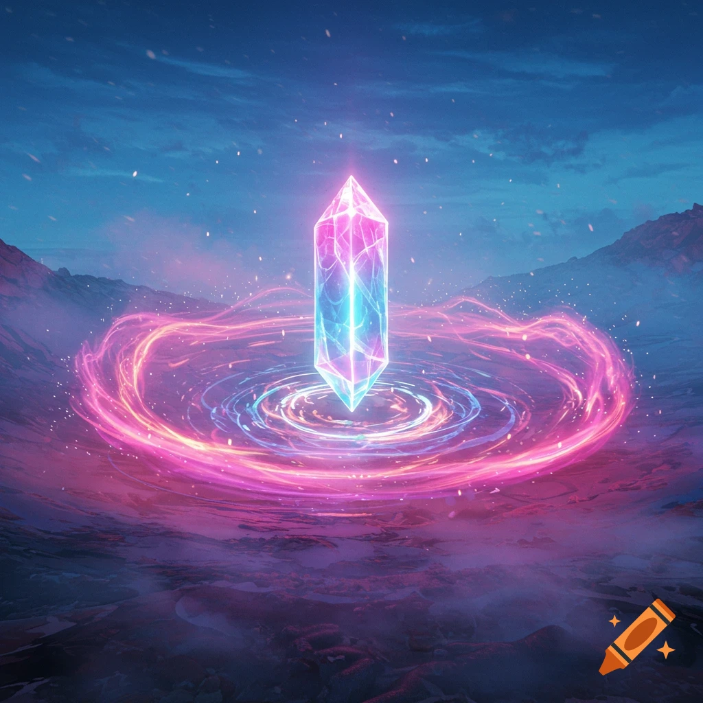 A large, glowing pink and blue crystal emits pulsating energy rings in a desolate, misty landscape under a twilight sky.