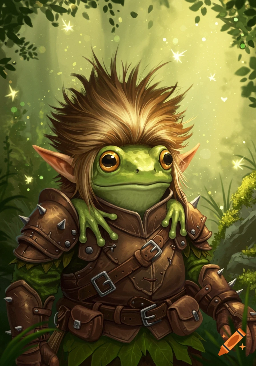 A cute, green, frog-like creature with large eyes and elf ears, wearing spiky blonde hair and brown studded leather armor in a magical forest.