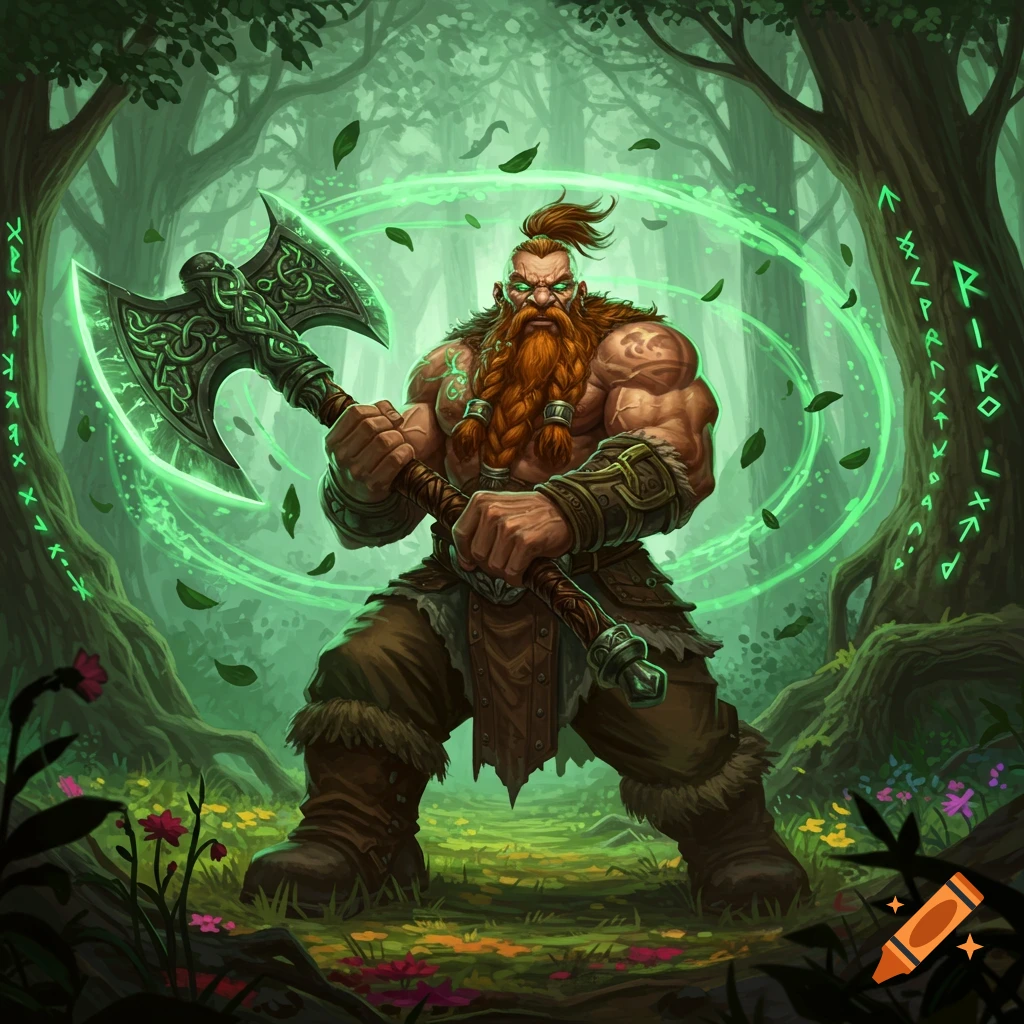 A powerful, muscular dwarf with a red beard and glowing green eyes holds an ornate axe in a magical forest with glowing green runes and swirling leaves.