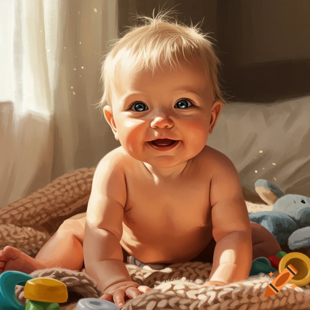 A happy baby with blonde hair and blue eyes crawls on a knitted blanket, surrounded by colorful toys.