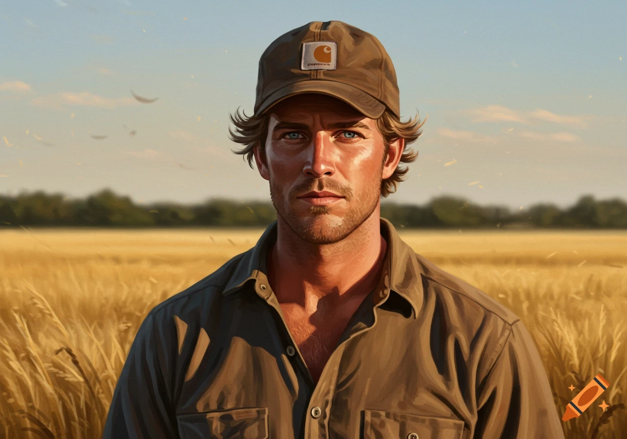 A handsome man in a brown Carhartt cap and olive shirt stands in a sunlit golden wheat field.