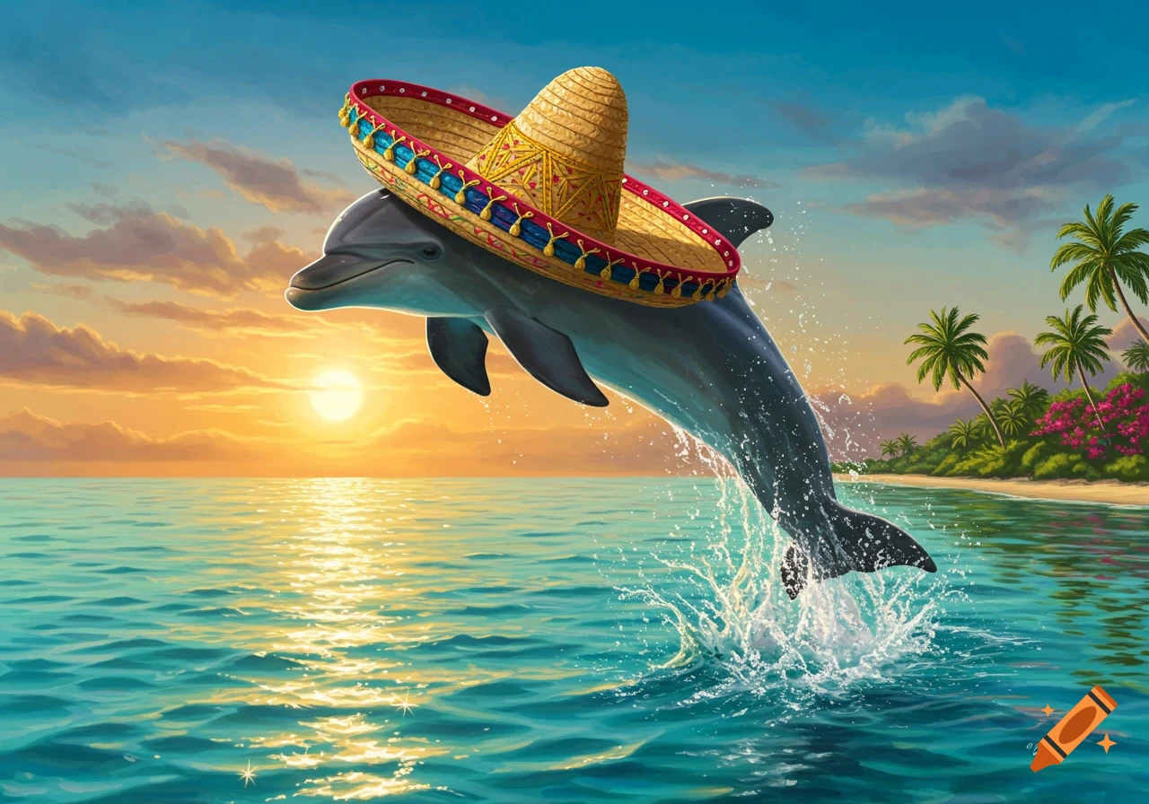 A dolphin wearing a vibrant Mexican sombrero jumps out of the ocean against a beautiful tropical sunset with palm trees.