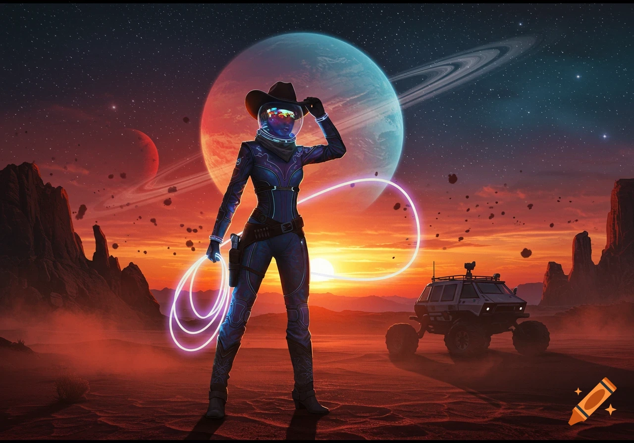 A futuristic cowgirl in a space suit holding a glowing lasso on an alien planet with large planets in the sunset sky.