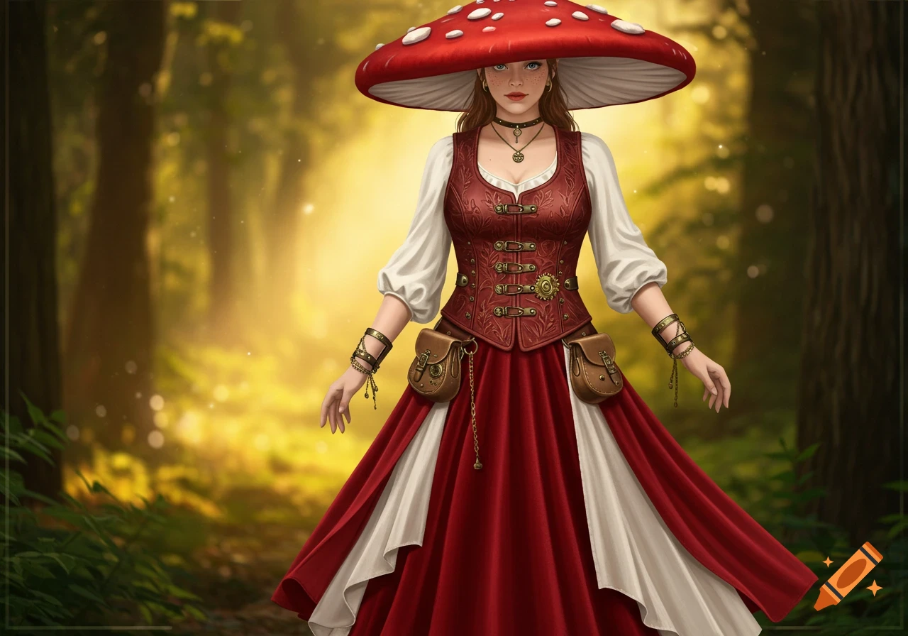 A woman in a red mushroom hat, white blouse, and red corset with steampunk details, stands in a golden forest.