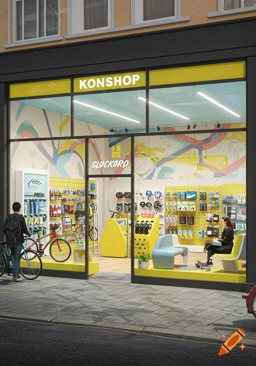 A brightly lit, modern bicycle parts shop with a yellow exterior and colorful interior, featuring people, bikes, and accessories. Photorealistic.