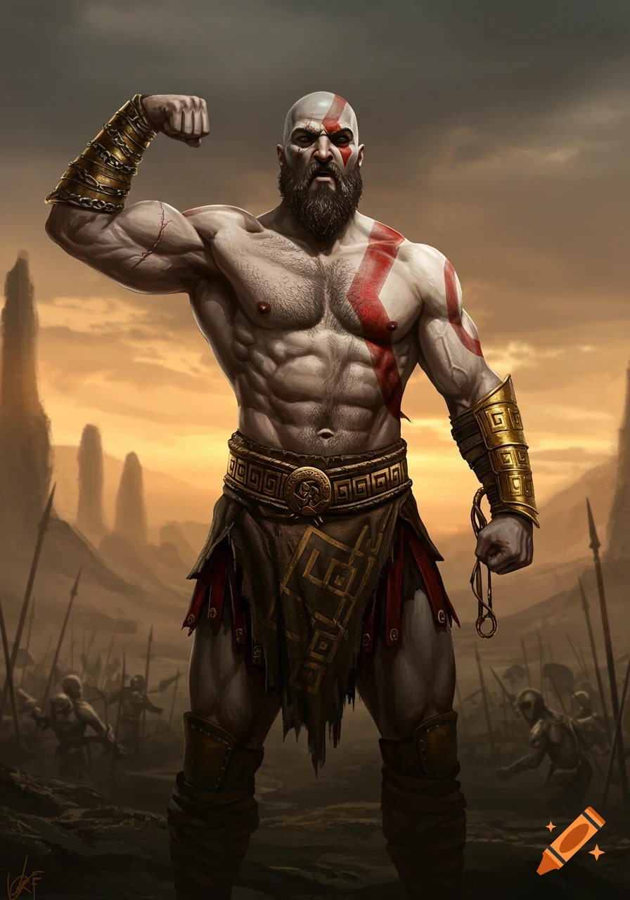 Kratos, a muscular bald man with a beard and red body paint, flexes his bicep in a desolate, warrior-filled landscape, digital art.