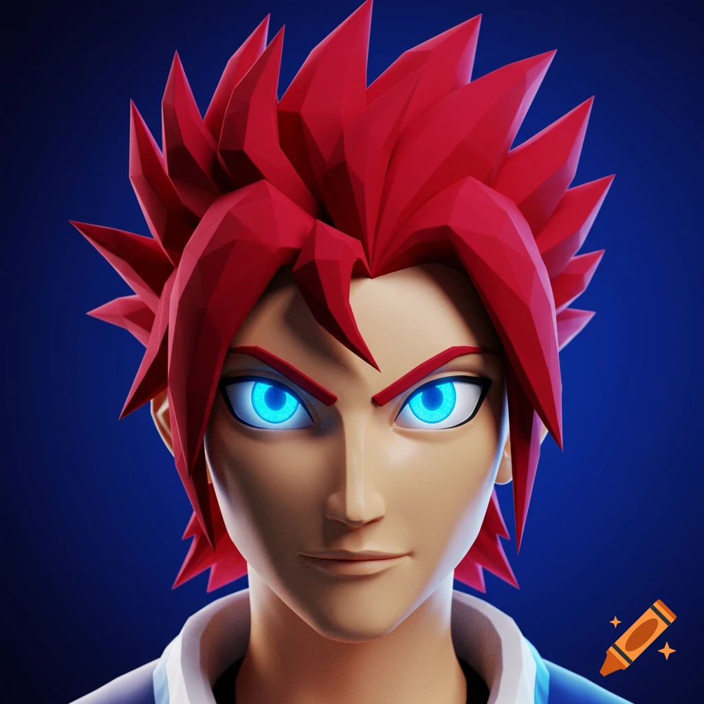 Low poly profile picture of an anime-style character with red spiky hair and glowing blue eyes, against a blue background.