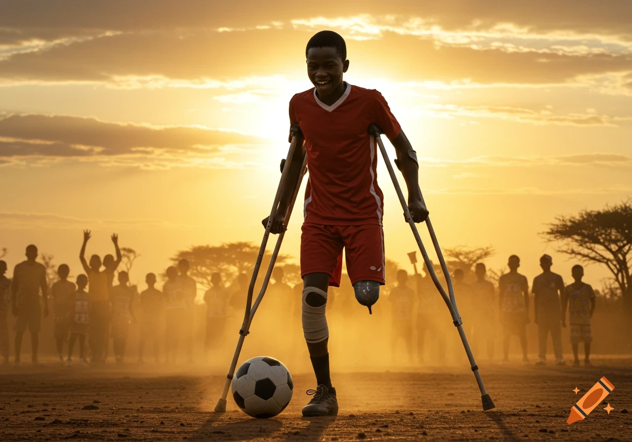 Young boy with a prosthetic leg and crutches smiles while standing next to a soccer ball on a dusty field at sunset, with other children in the blurry background.