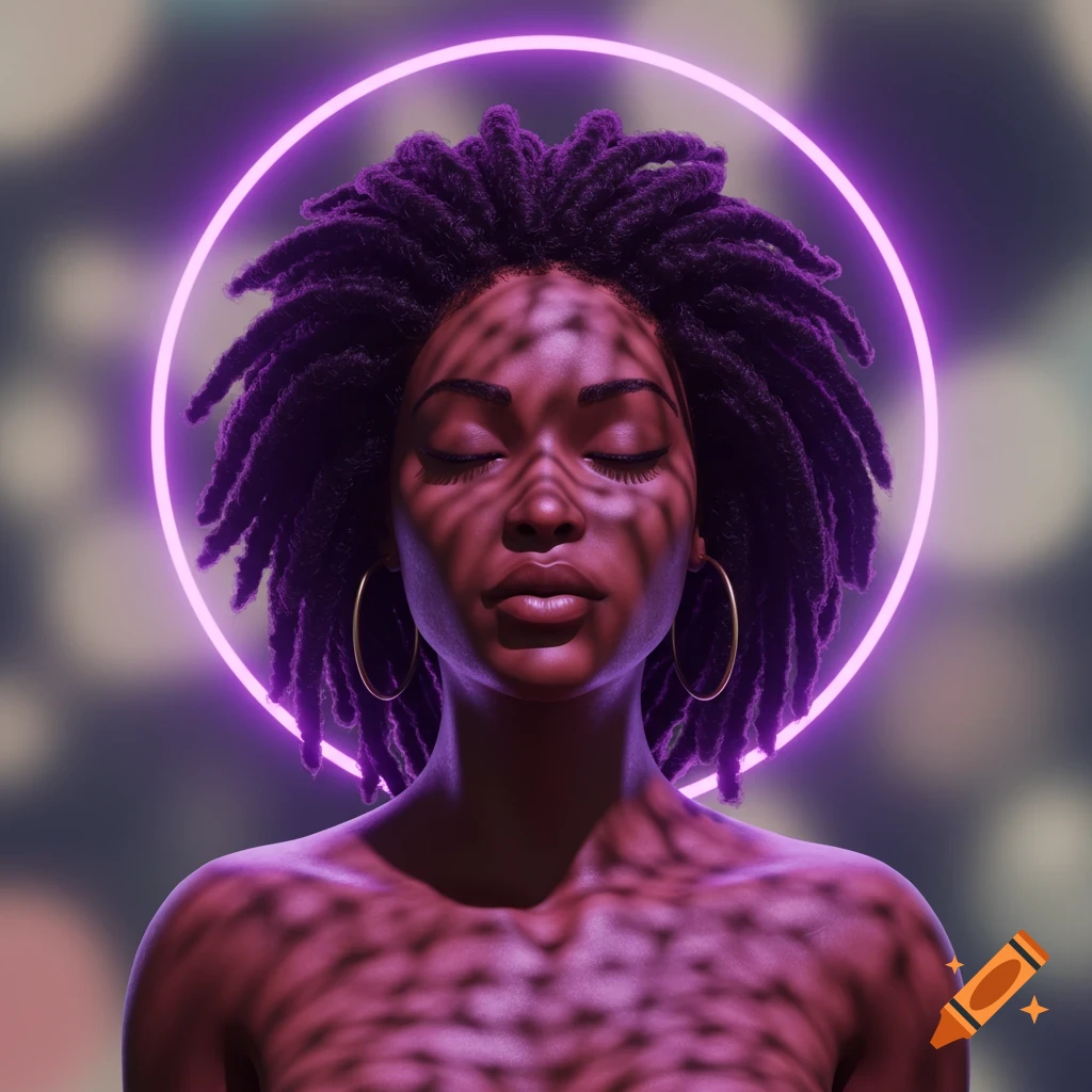 A 3D portrait of a Black woman with dreadlocks and closed eyes, illuminated by a purple neon halo and dappled shadows.