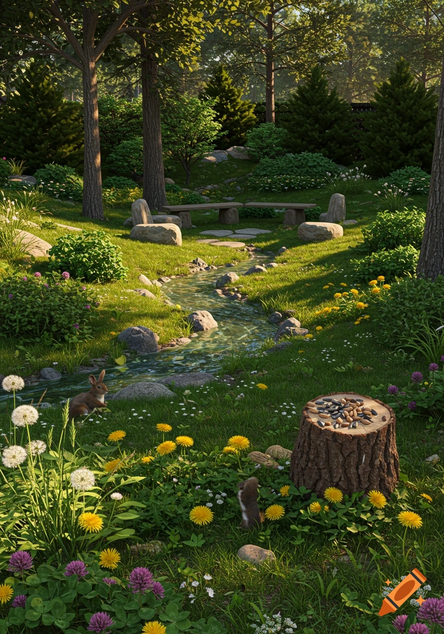 A sunlit, photorealistic backyard wildlife sanctuary with a stream, rocks, lush greenery, blooming flowers, a rabbit, and a squirrel.