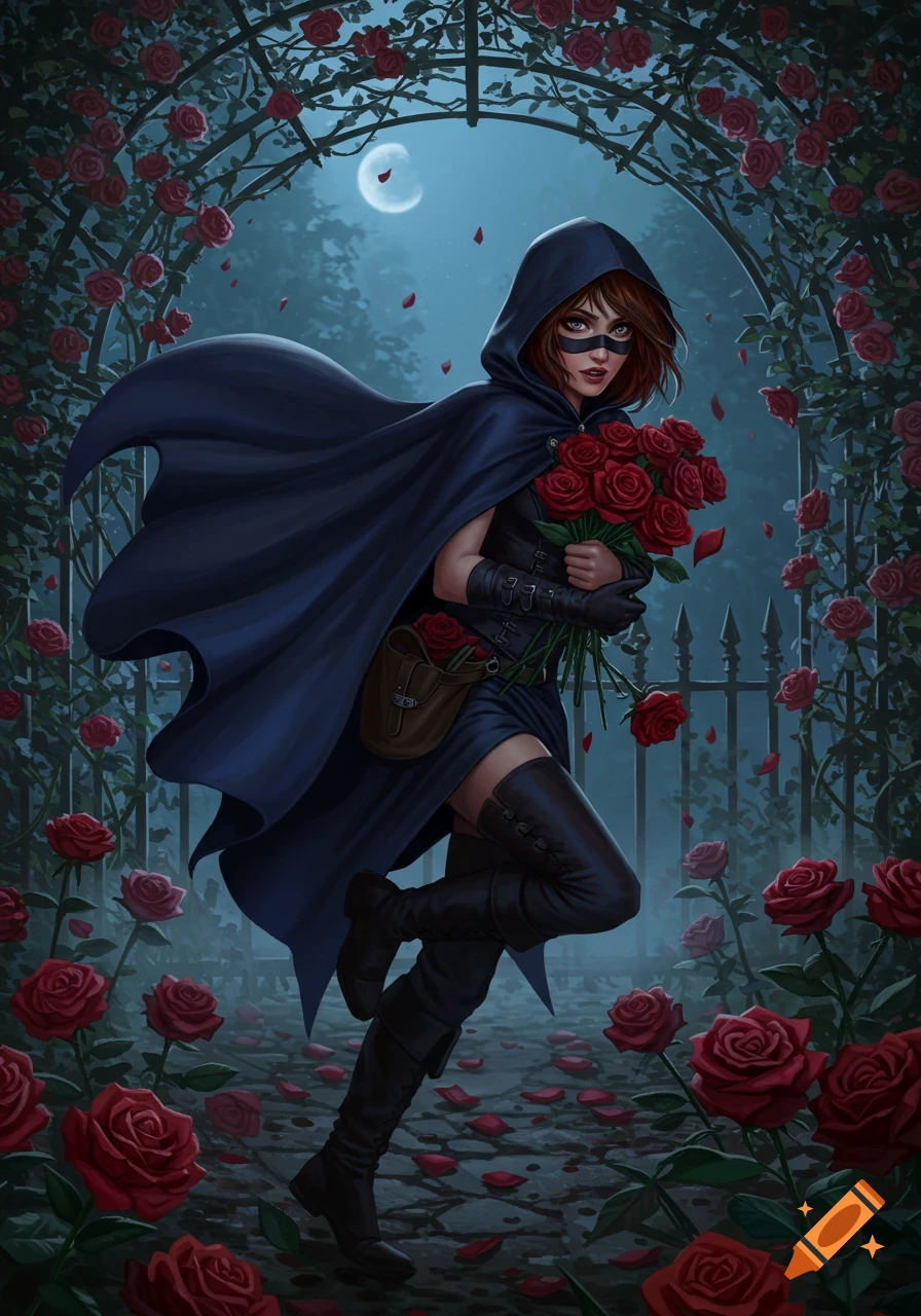 A masked female character in a dark cloak stands in a moonlit rose garden archway, holding a bouquet of red roses.