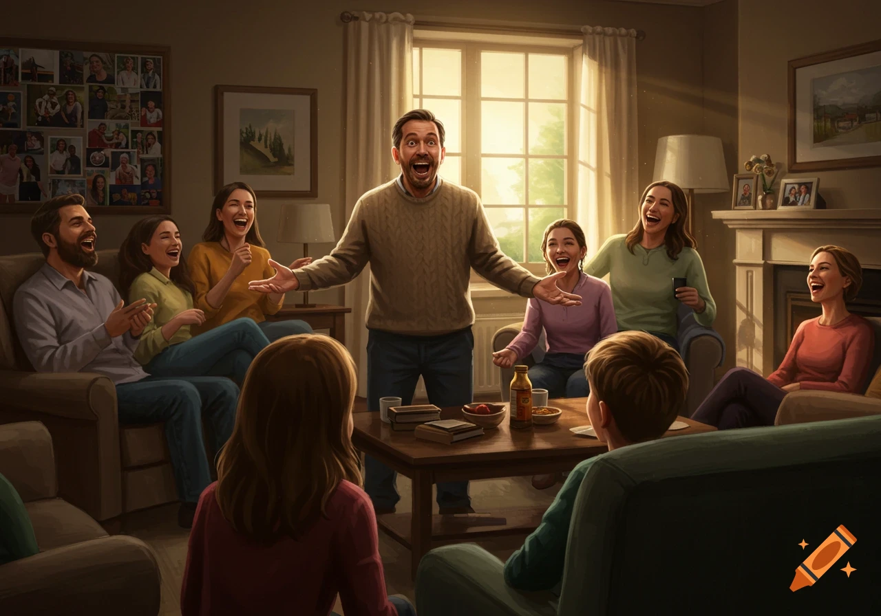 A family laughs and talks in a sunlit living room, with a man standing at the center telling a joke.