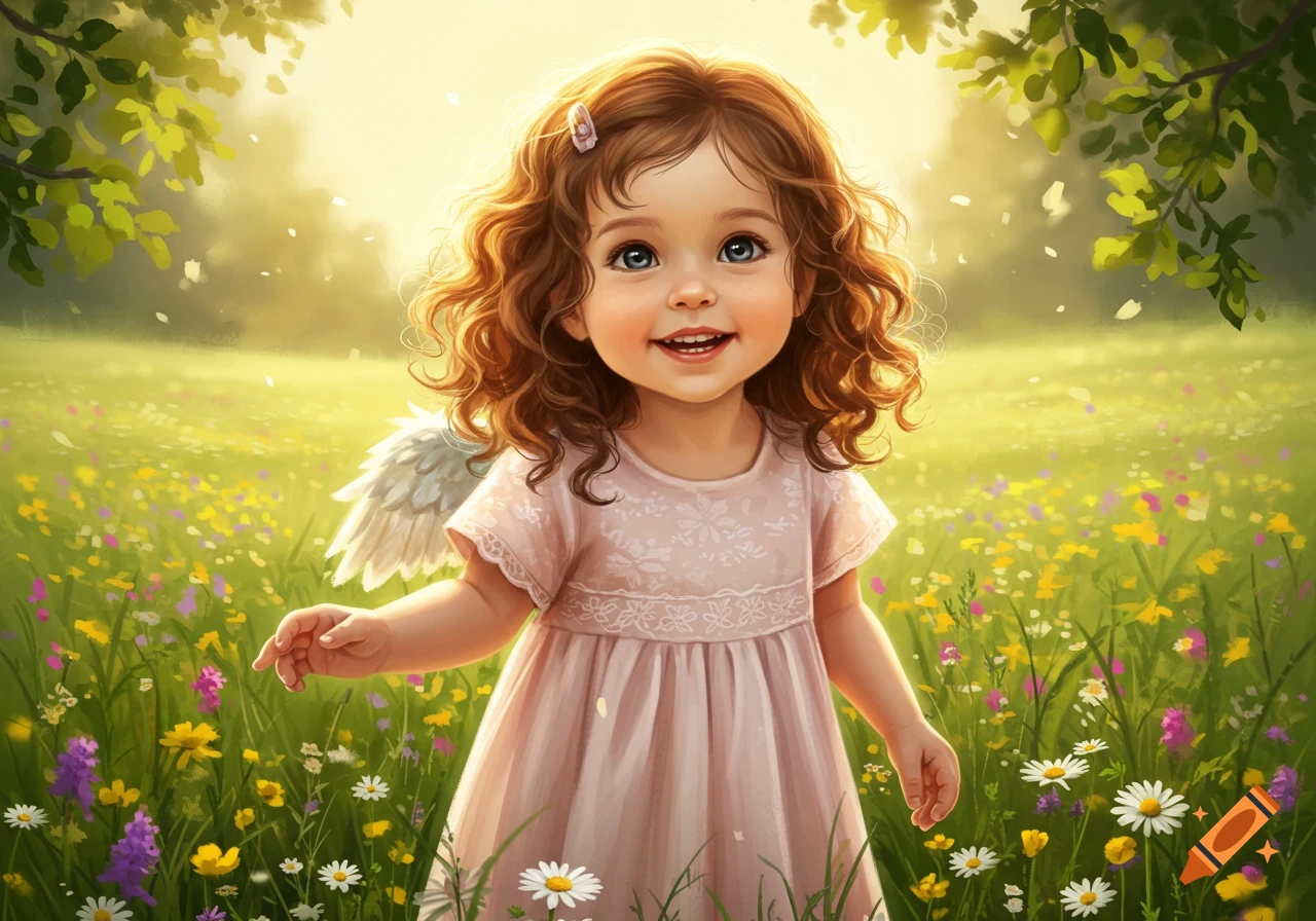 A cheerful toddler with curly brown hair and small white wings smiles while standing in a sunny meadow full of wildflowers.