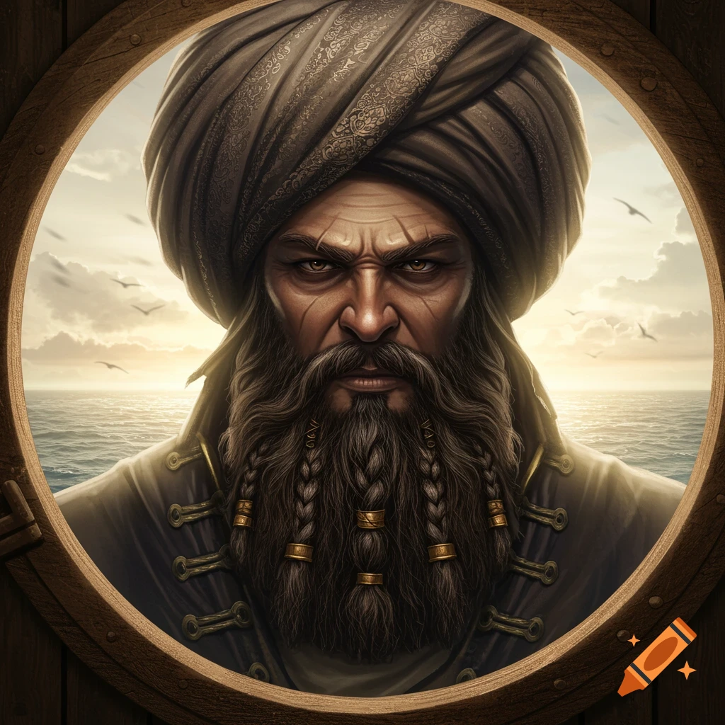 Close-up portrait of a fierce bearded man in a turban looking out from a ship's porthole, with an ocean sunset behind him.