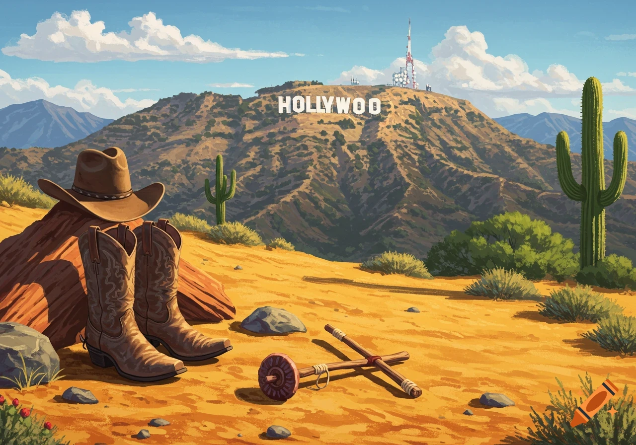 A stylized desert landscape with a cowboy hat and boots in the foreground, cacti, and the Hollywood sign on a distant hill.