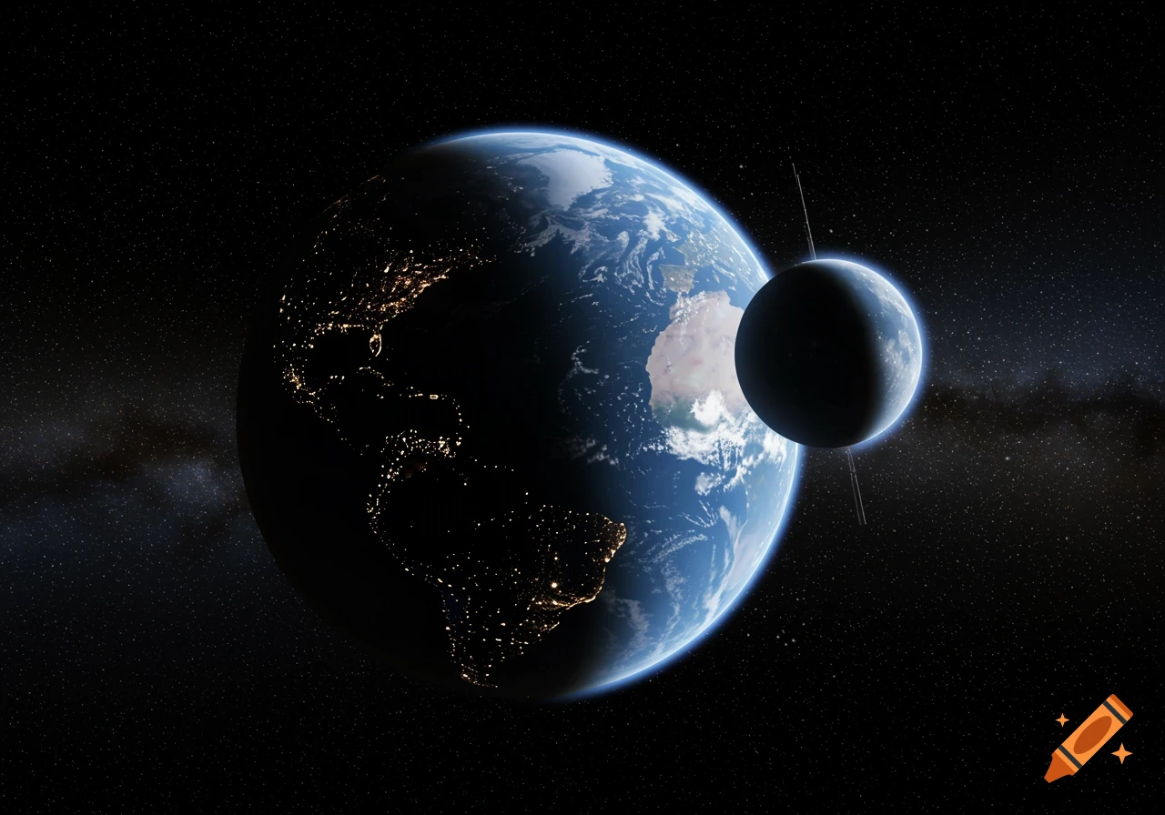 Earth with illuminated city lights on its night side and a smaller artificial moon orbiting it in dark space with stars.