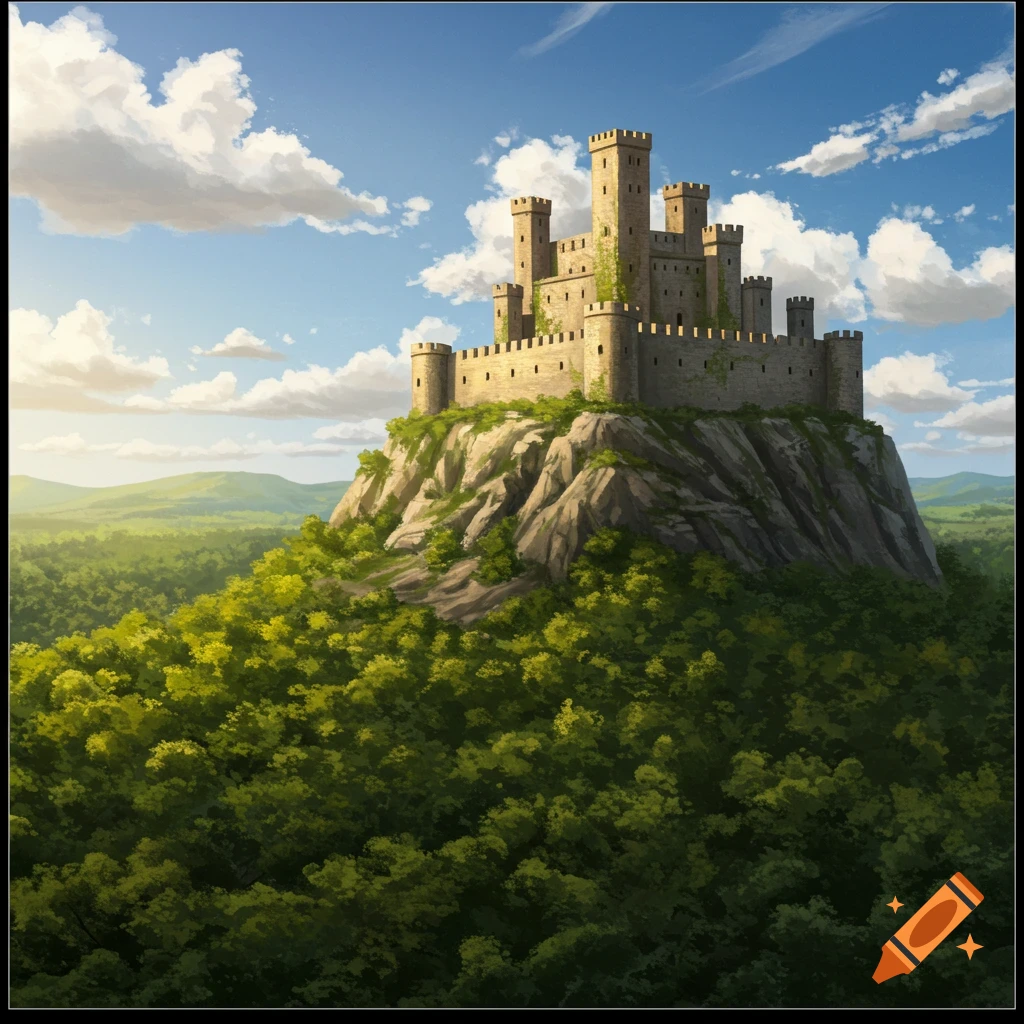 A grand stone castle with multiple towers sits atop a rocky, tree-covered hill under a blue sky with white clouds.