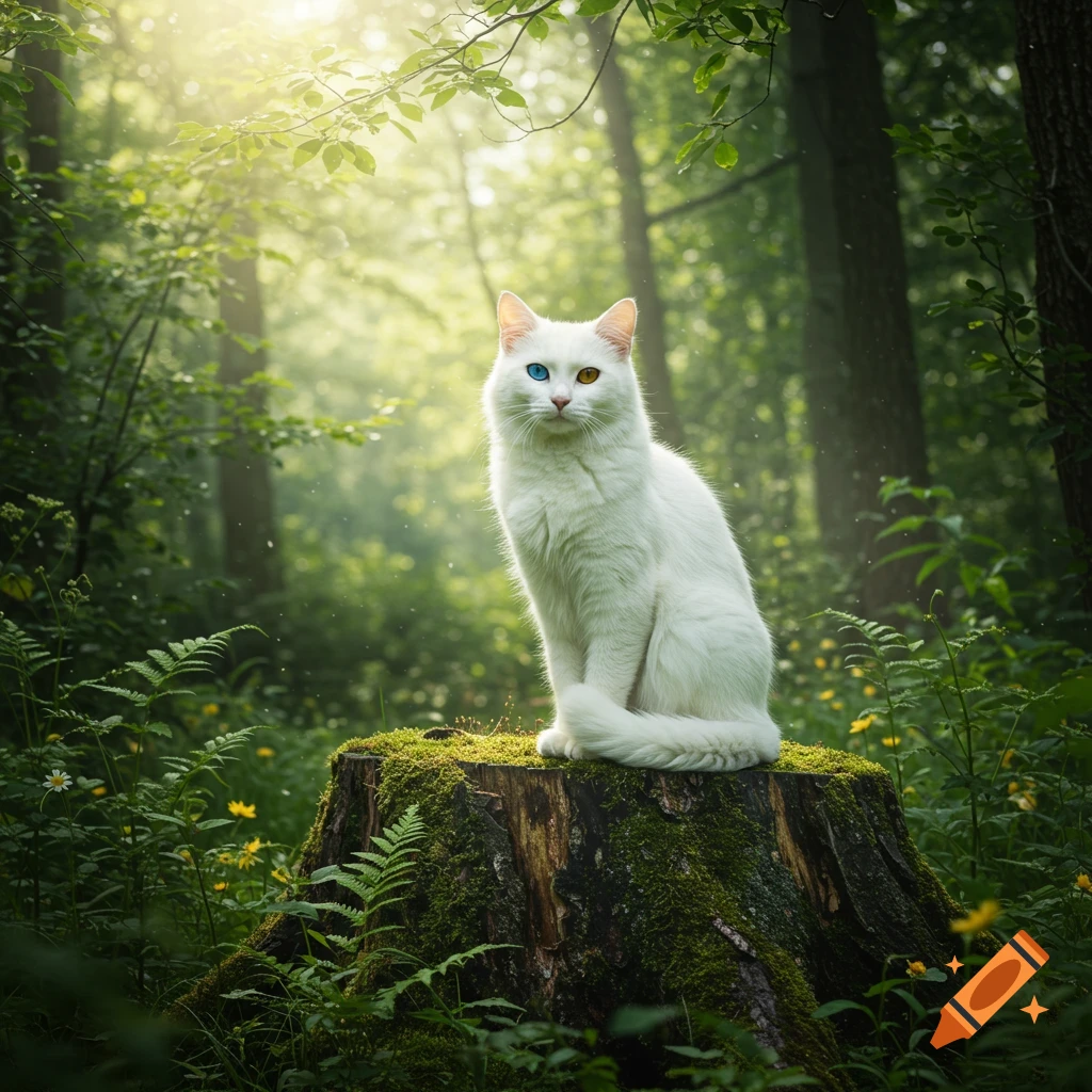 A photorealistic white cat with heterochromia (one blue eye, one yellow eye) sits on a mossy tree stump in a sun-dappled forest.