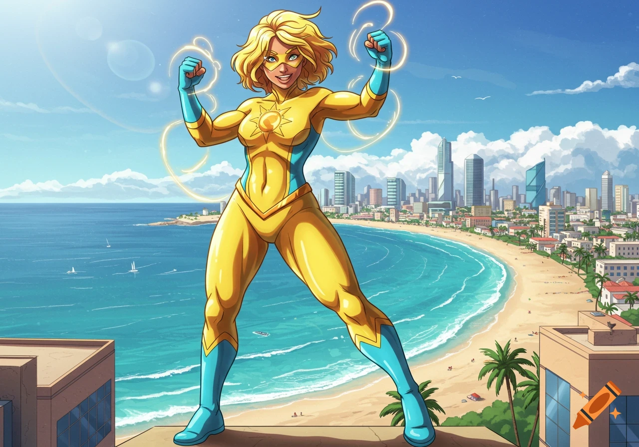 A muscular female superhero with blonde hair and a yellow and blue suit stands confidently on a rooftop overlooking a city beach.