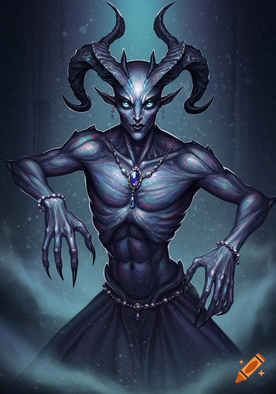 A blue-skinned, horned demon with glowing eyes and long talons, wearing jewelry and a dark gown, against a misty background.