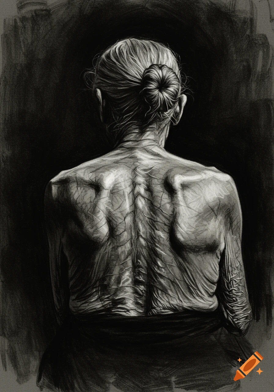 Charcoal drawing of an elderly woman's back, detailed with heavy wrinkles and a bun.
