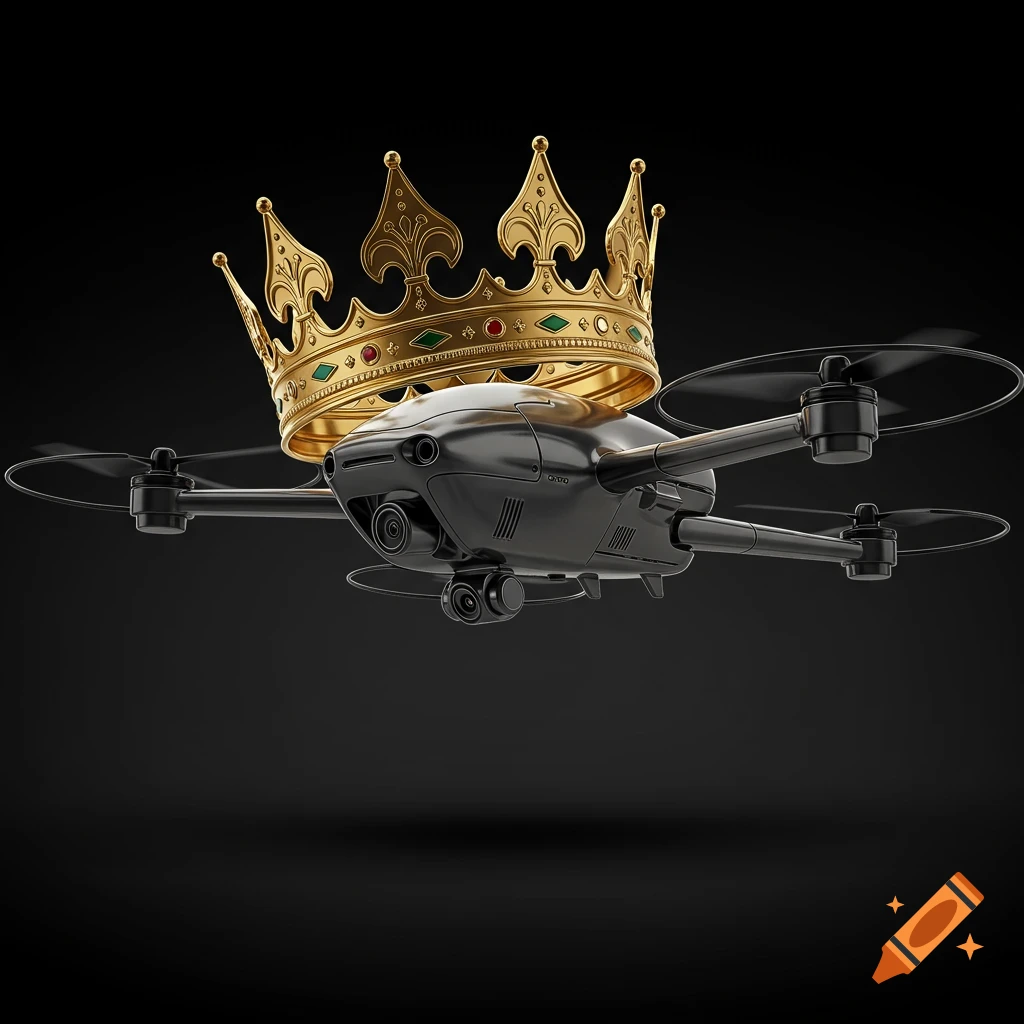 A sleek black drone with a detailed golden crown on top, against a dark gradient background in a photorealistic style.