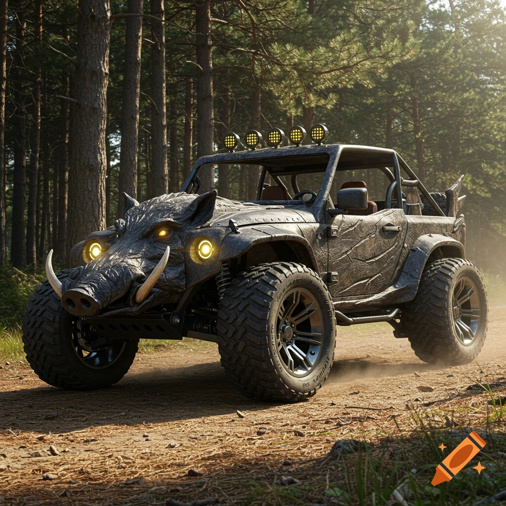 A photorealistic custom off-road vehicle with a detailed wild boar head as the front, driving on a dirt path in a sunny forest.