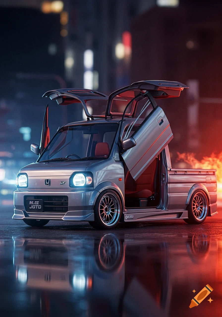 A silver Honda Acty pickup truck with open gull-wing doors, parked on a wet street at night with city lights.