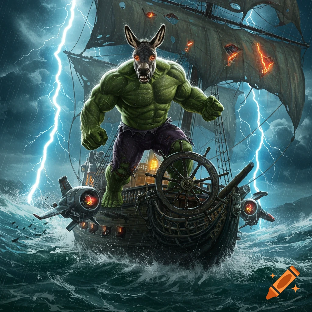 A muscular, green Hulk-like figure with a donkey head steers a jet-powered pirate ship through a stormy sea with lightning.
