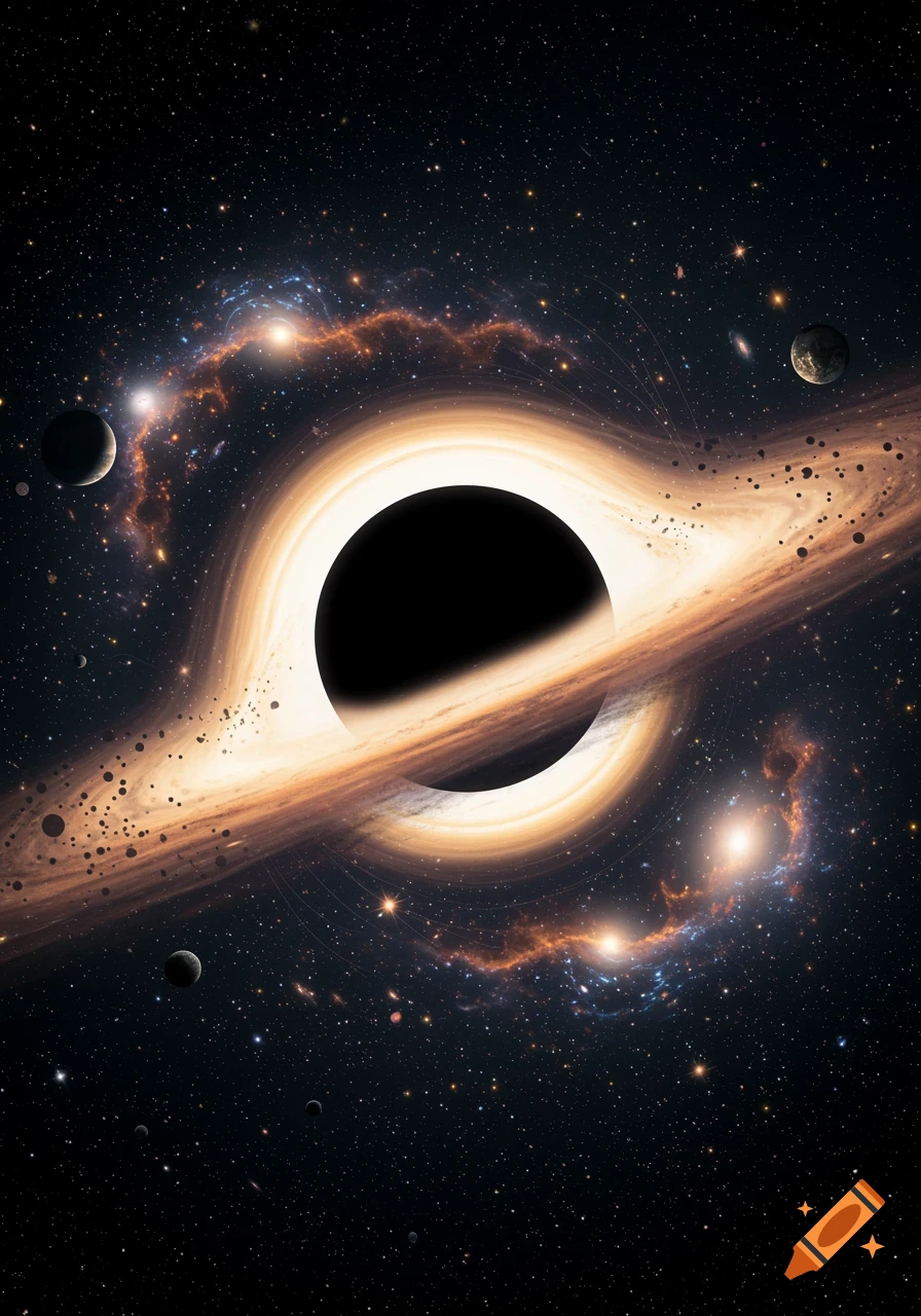 A vibrant black hole with an orange and white accretion disk, surrounded by distant stars and planets in a dark cosmic environment.